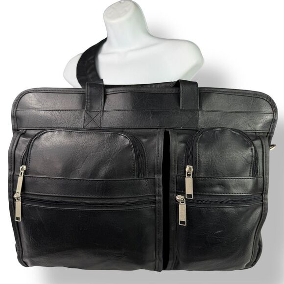 Vintage Briefcase Laptop Travel Bag Distressed Black Leather Rustic Rugged - Picture 11 of 15